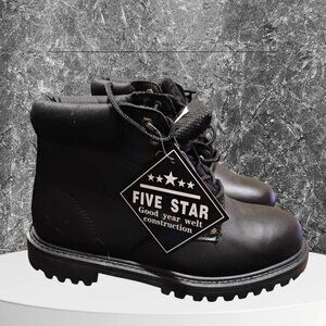 This is a pair of black "FIVE STAR" work boots featuring Goodyear welt construct